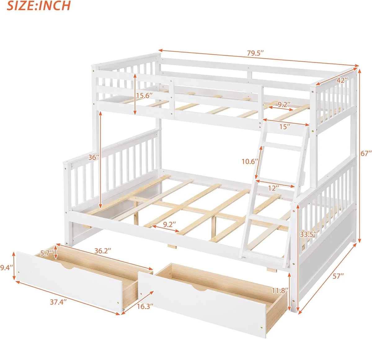 White Full Solid Wood Bed with Drawers and Ladders Y32205
