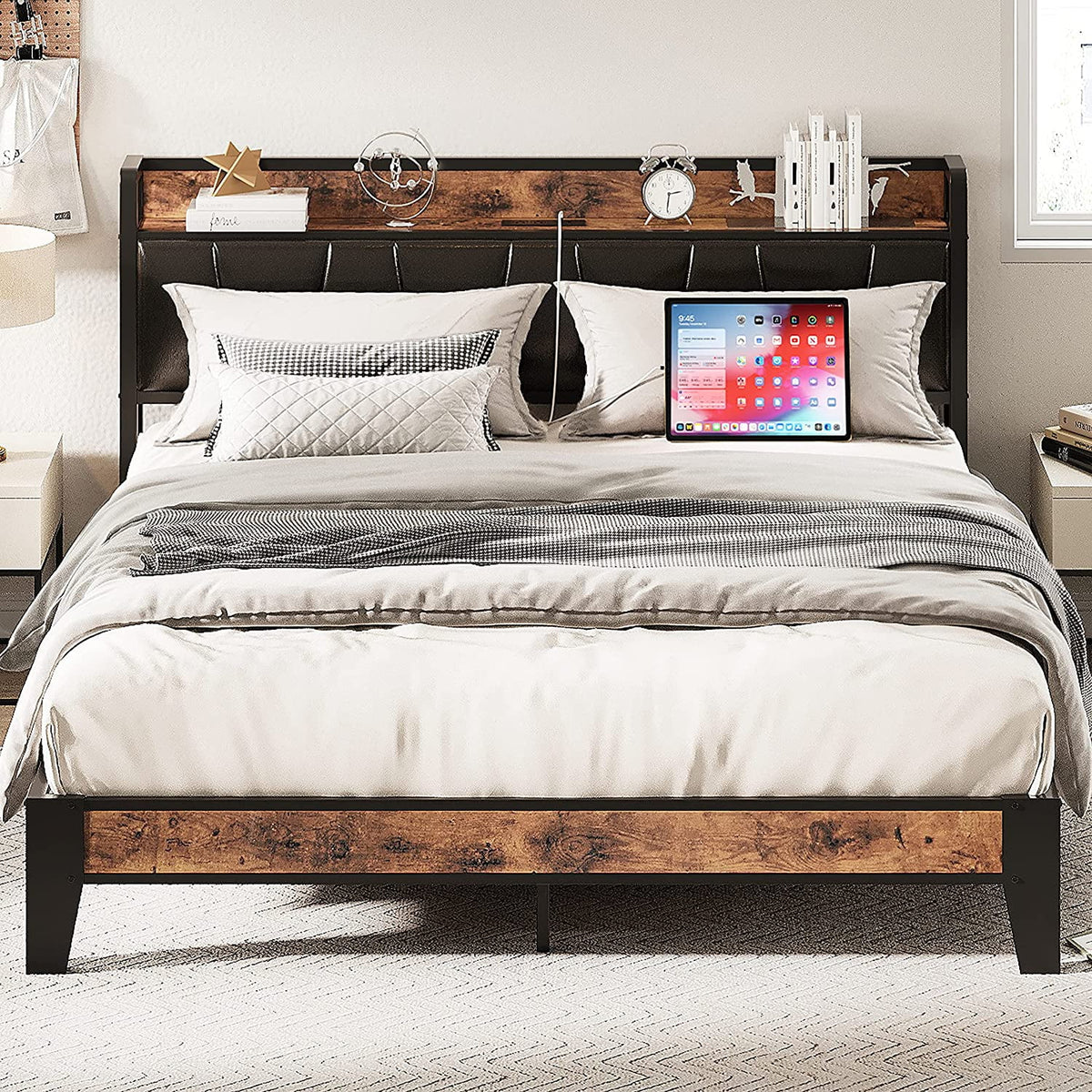 King Metal Bed Frame with Black Storage Headboard V618881