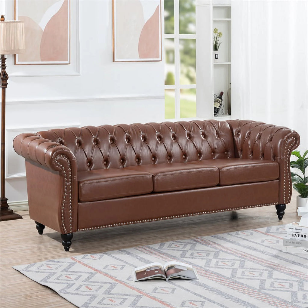 Brown PU Rolled Arm Chesterfield Three Seater Sofa K851