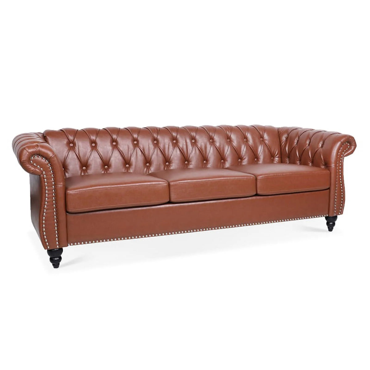 Brown PU Rolled Arm Chesterfield Three Seater Sofa K851