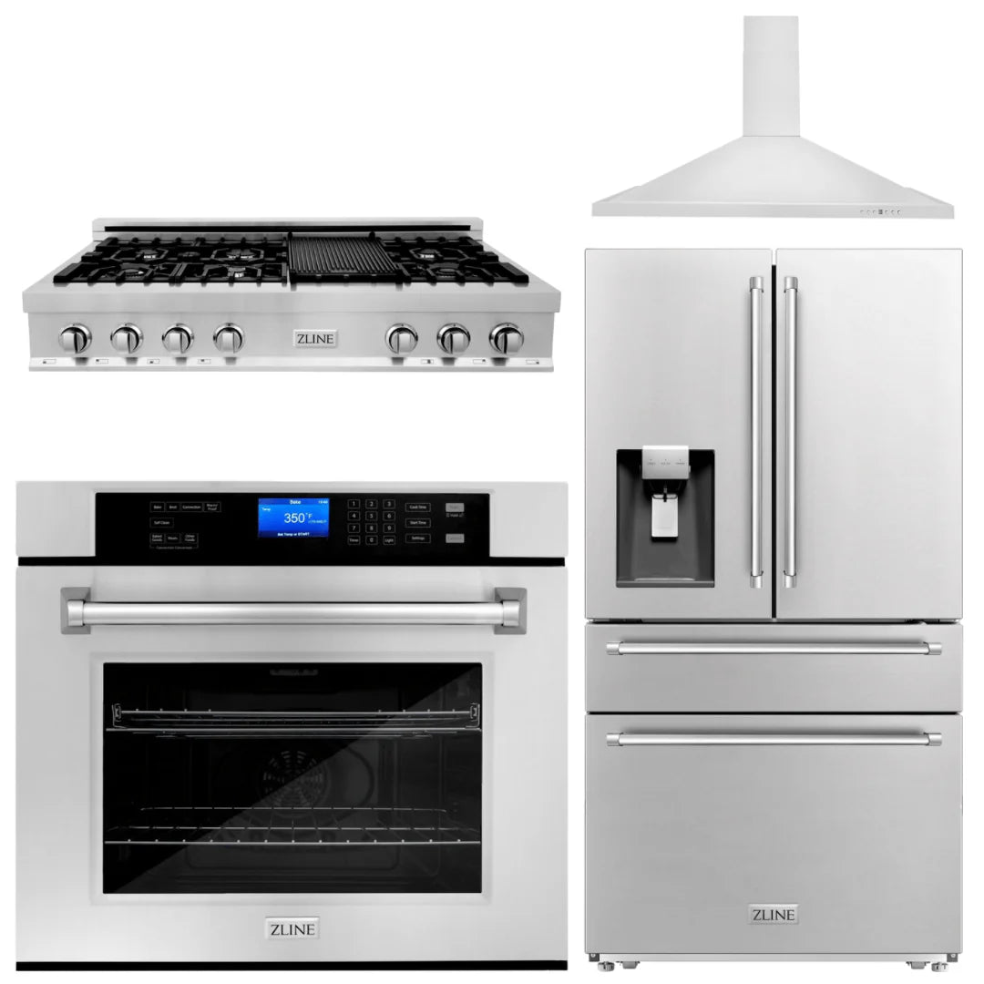 48 In. Rangetop, Range Hood, Refrigerator with Water and Ice Dispenser and Wall Oven in Stainless Steel U191
