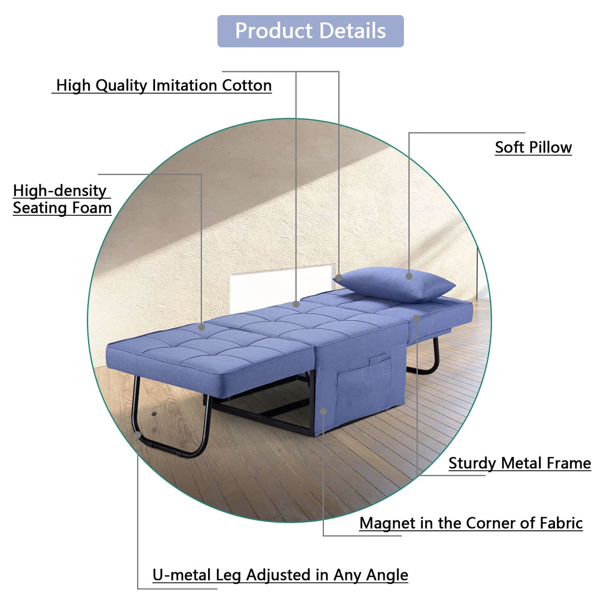 Dark Blue Linen Convertible Sofa P6352