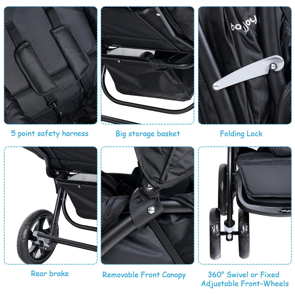 Foldable Lightweight Double Stroller Black J424