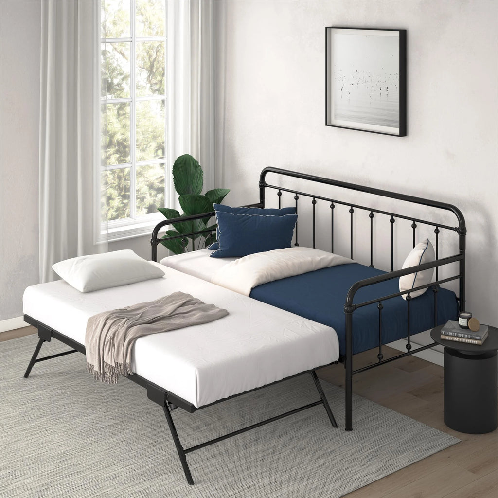 Twin Black Metal Daybed with Pop Up Trundle Bed Y565572