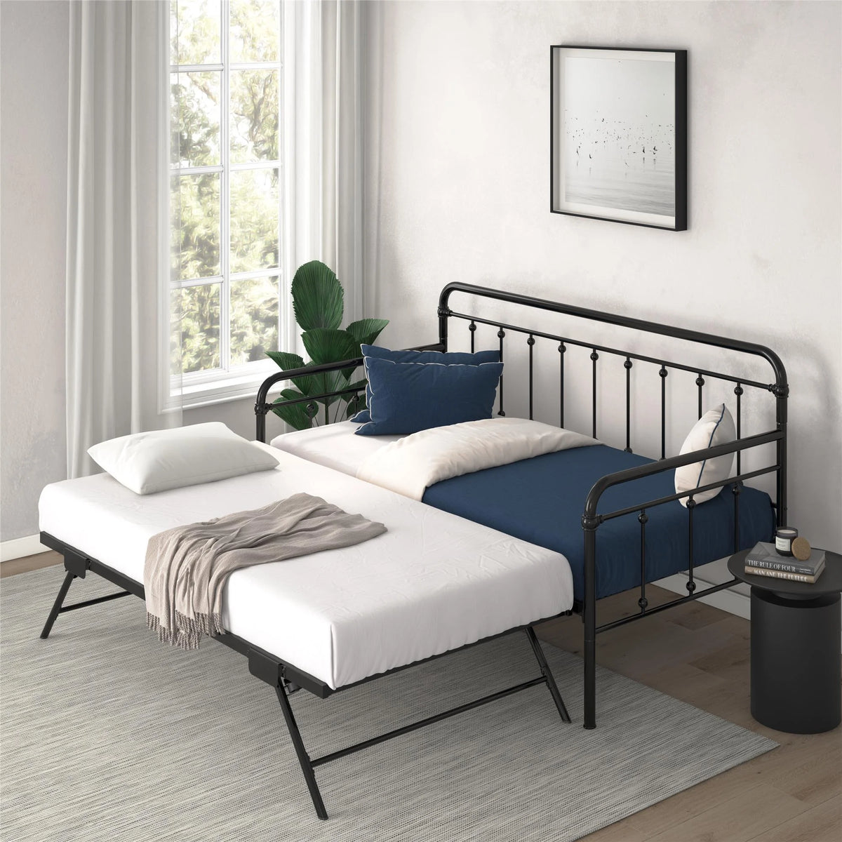 Twin Black Metal Daybed with Pop Up Trundle Bed Y565572