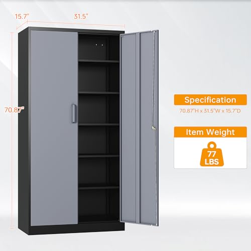 Black Metal Locking Storage Cabinet with 5 Adjustable Shelves S101005