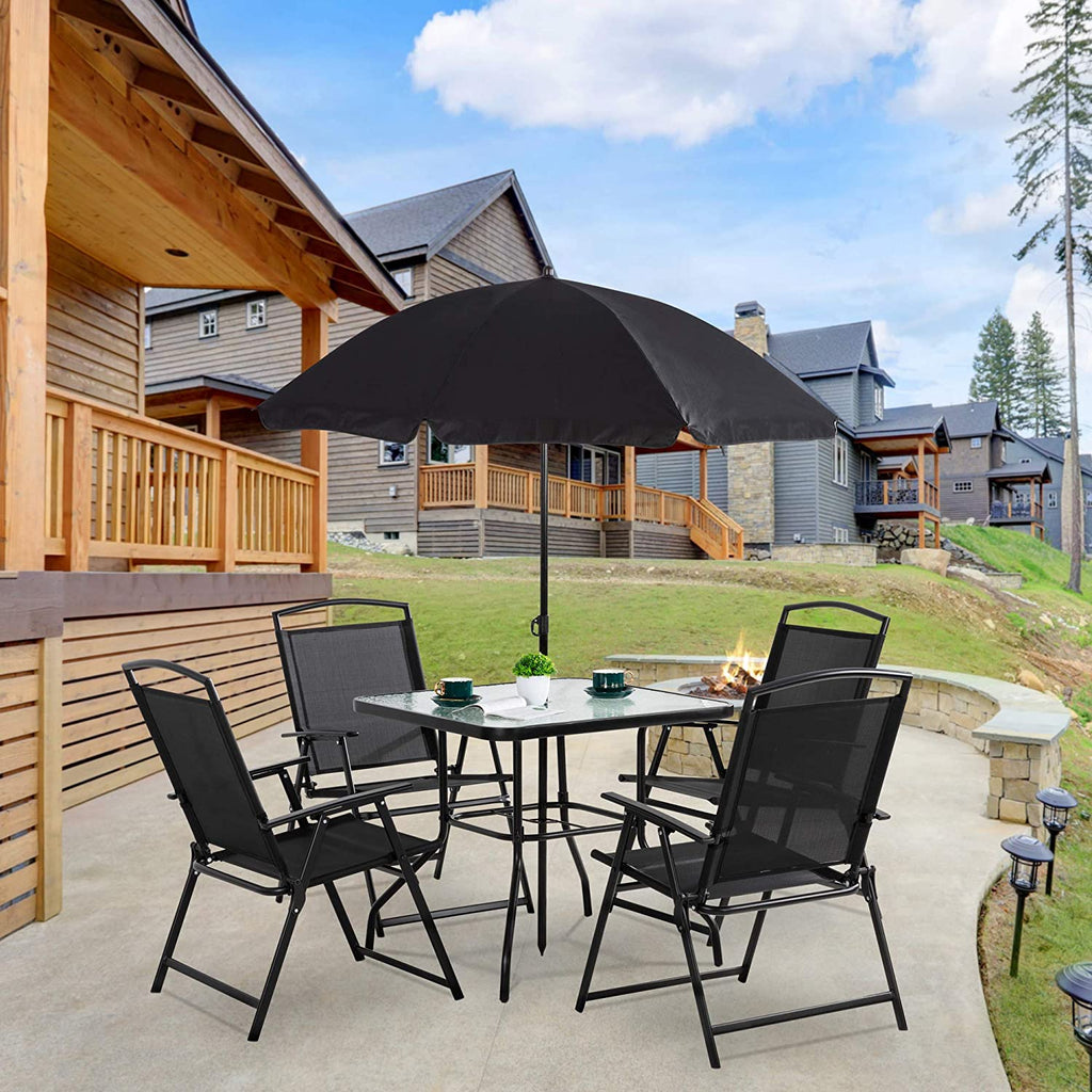 6 Piece Patio Dining Set with Umbrella, 4 Folding Chairs, Tempered Glass Top Dining Table Black P12492
