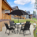 6 Piece Patio Dining Set with Umbrella, 4 Folding Chairs, Tempered Glass Top Dining Table Black P12492