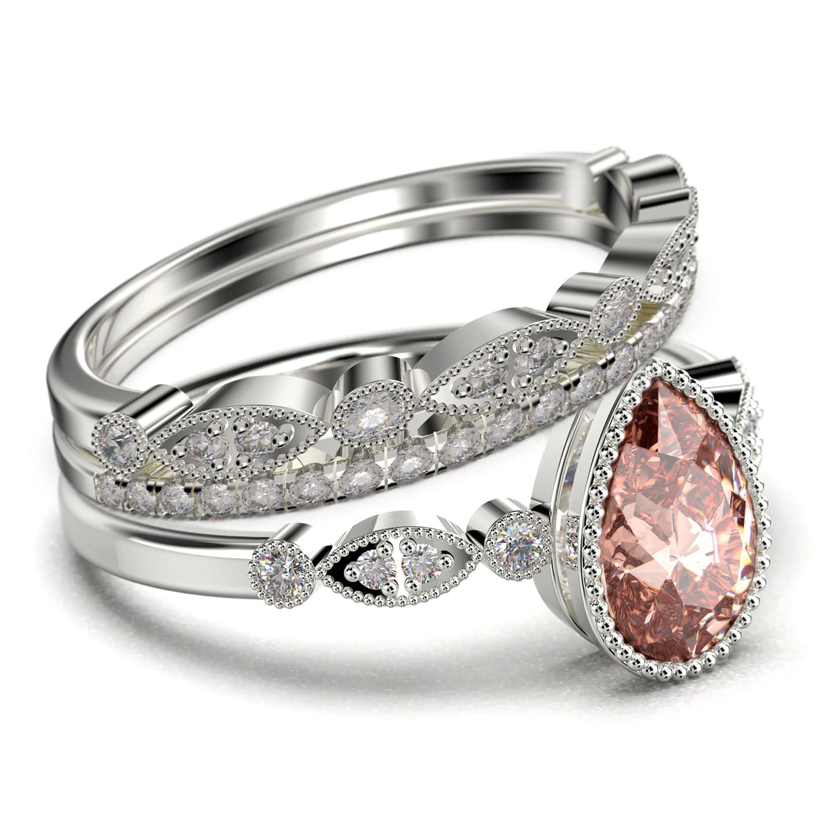 2.25 Carat Pear Cut Morganite And Diamond Moissanite Engagement Ring In 925 Sterling Silver With 18k White Gold Plating J9607